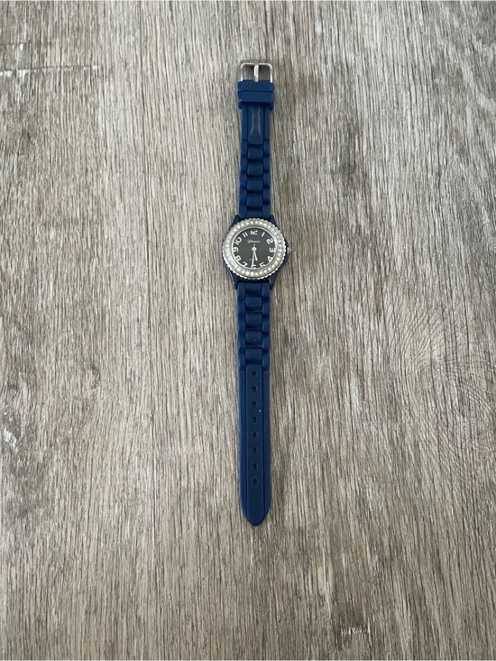Geneva Women’s Watch Blue Silicone Band Black Dial Rhinestone